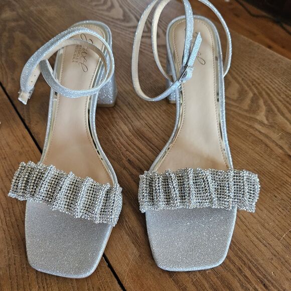 Badgley Mischka Silver Jewel Block Heel Sandals Rita Style Women’s 10 Shoe - Picture 3 of 7
